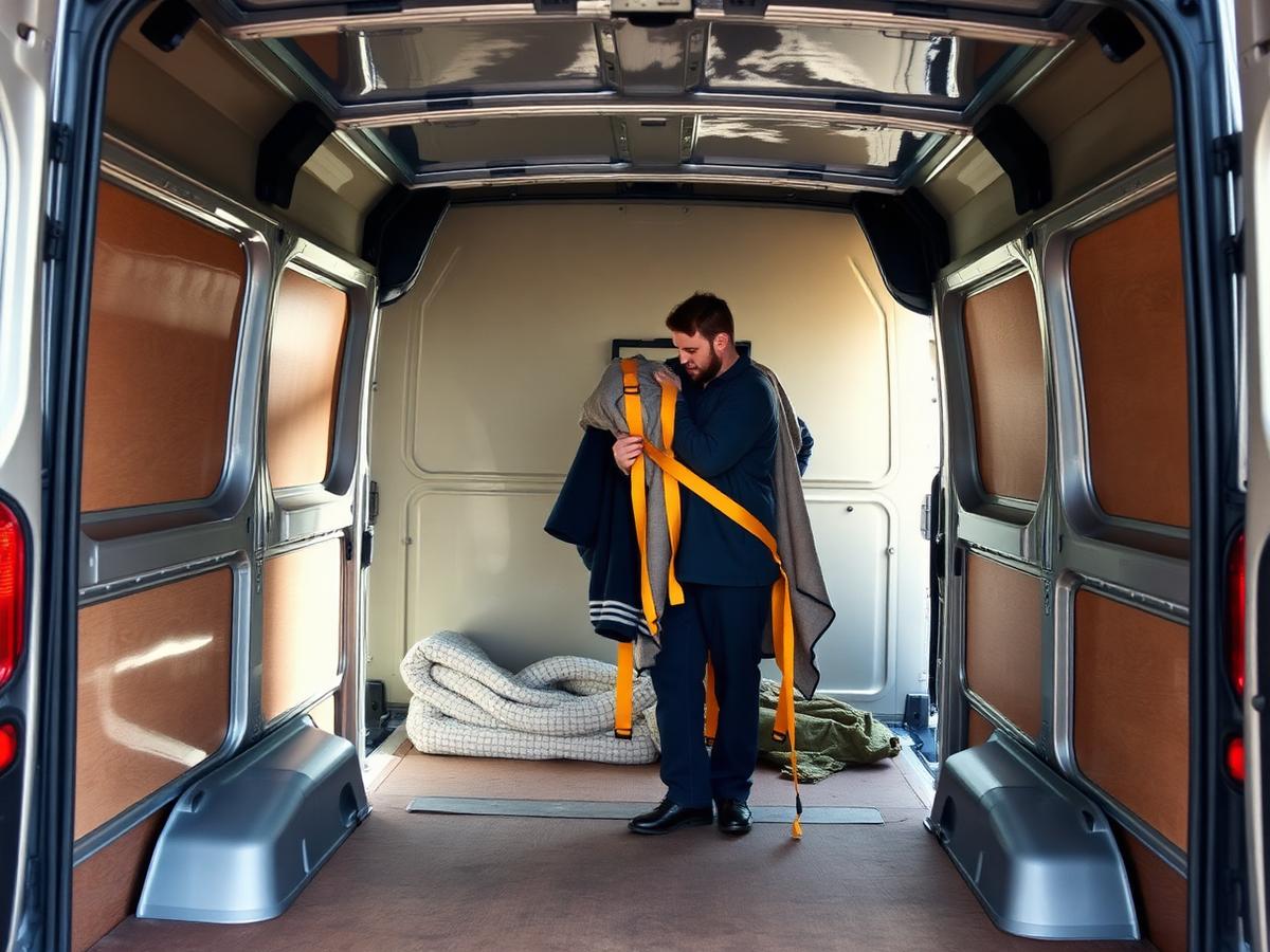 A mover strapping wrapped furniture safely inside a van